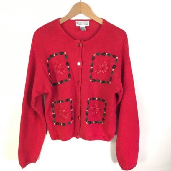 Vintage Christmas Sweater Red Cardigan Large - Picture 5 of 10